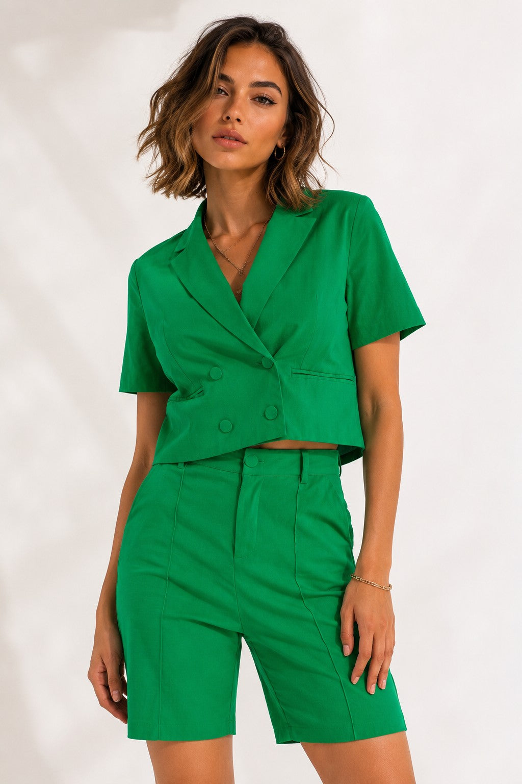 TCH6763C - Tailored Cotton Blend Blazer & Bermuda Shorts Set