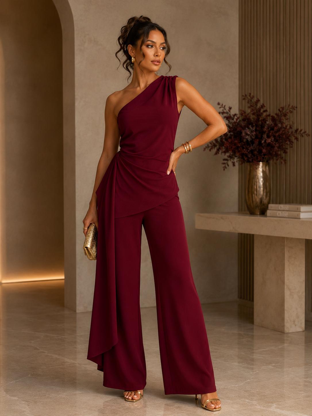TCS3068 - One-Shoulder Draped Wide-Leg Jumpsuit
