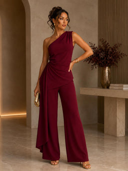 TCS3068 - One-Shoulder Draped Wide-Leg Jumpsuit