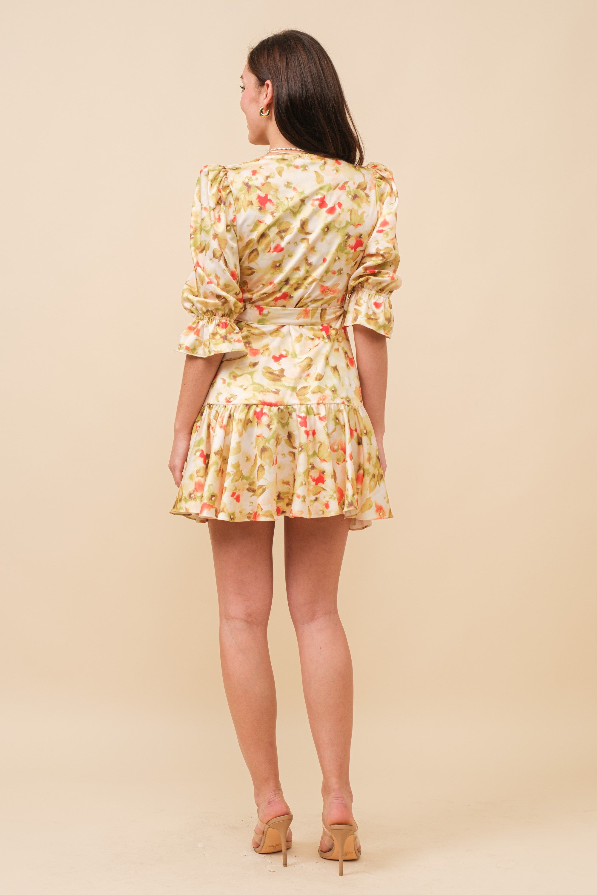 TCH6719P- Floral Puff Sleeve Wrap Mini Dress