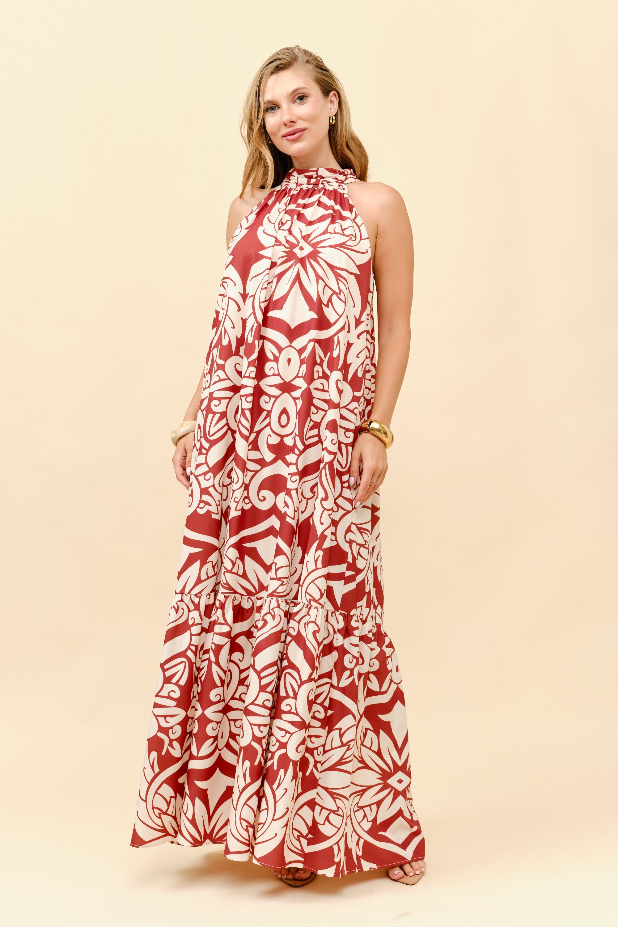 TM059- Mediterranean Bloom Halter Maxi Dress