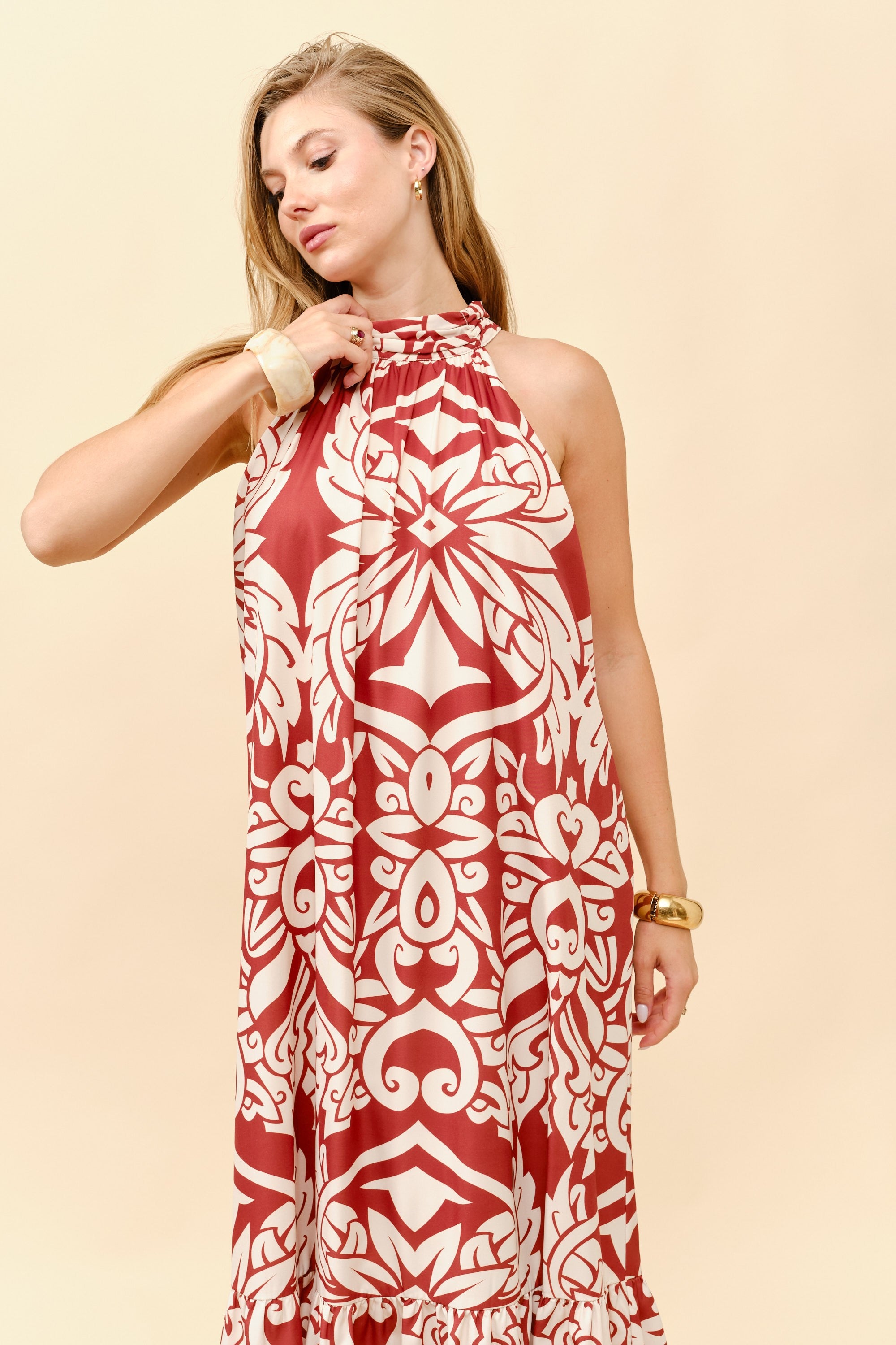TM059- Mediterranean Bloom Halter Maxi Dress