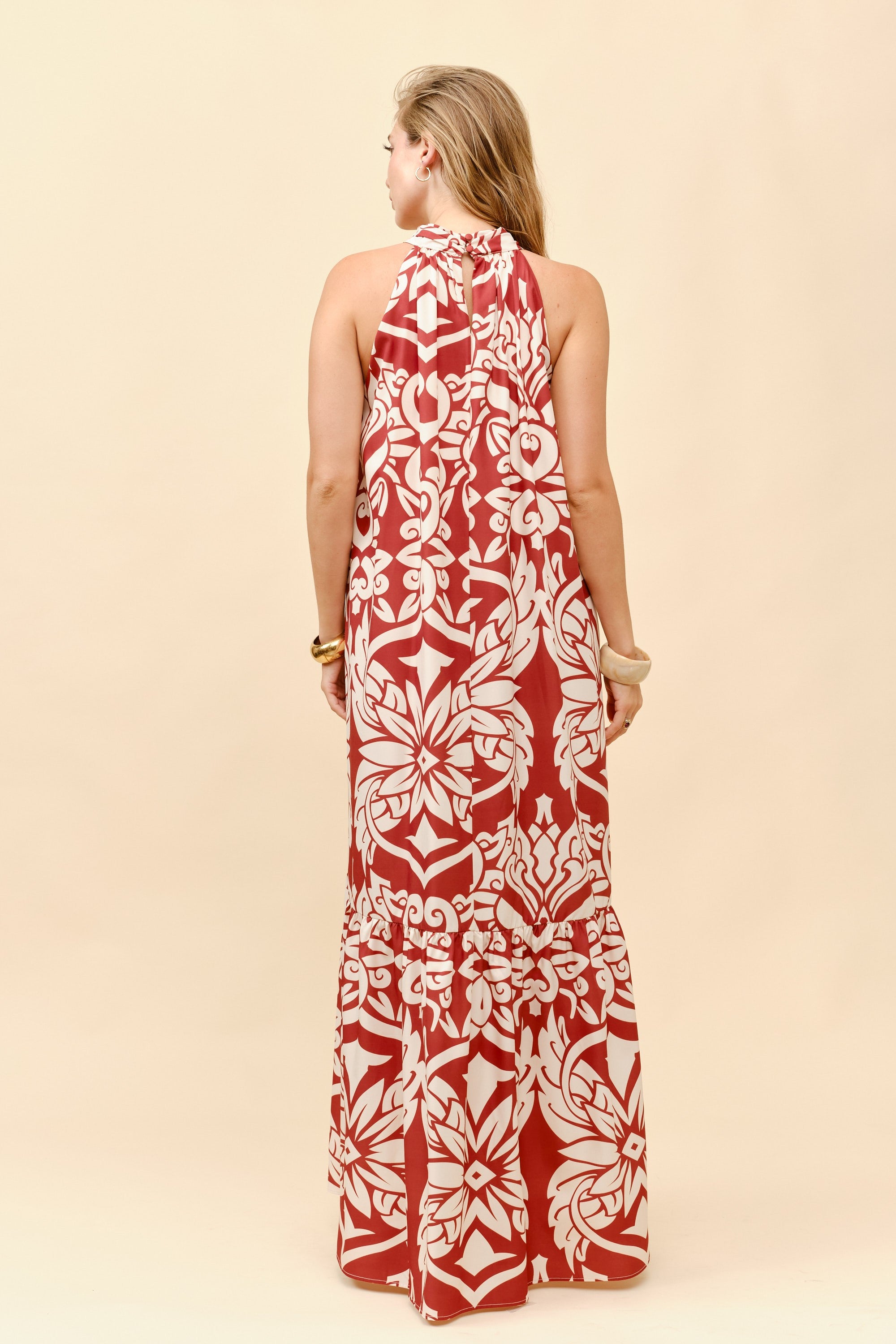 TM059- Mediterranean Bloom Halter Maxi Dress