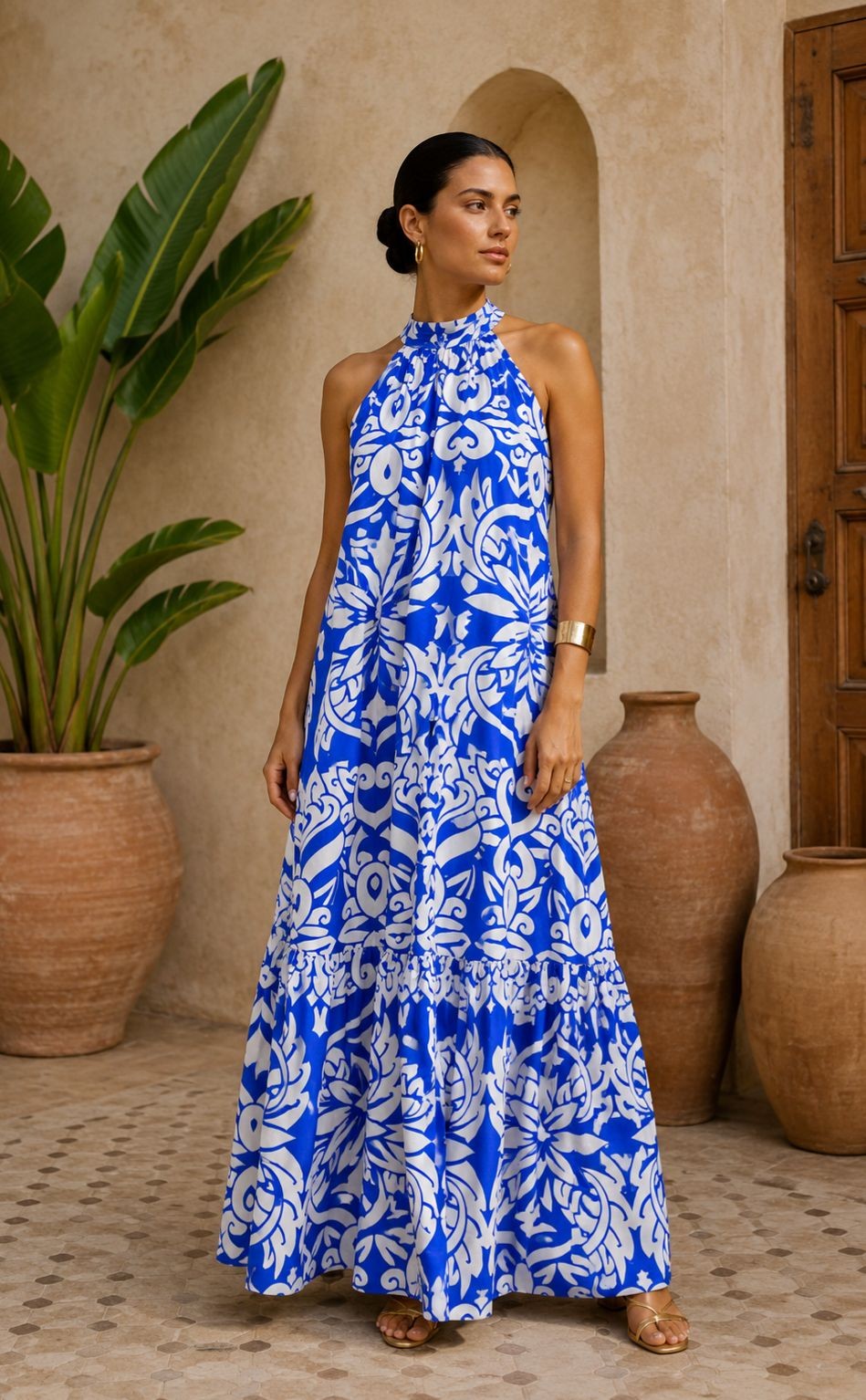 TM059- Mediterranean Bloom Halter Maxi Dress