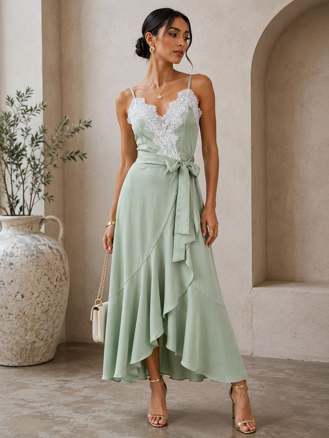 TCS2972 - Lace Trim High-Low Midi Dress