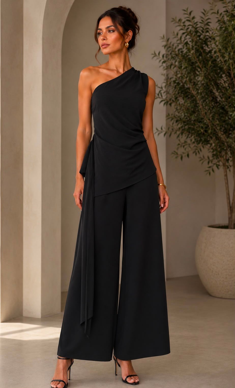 TCS 3068 - One-Shoulder Draped Wide-Leg Jumpsuit