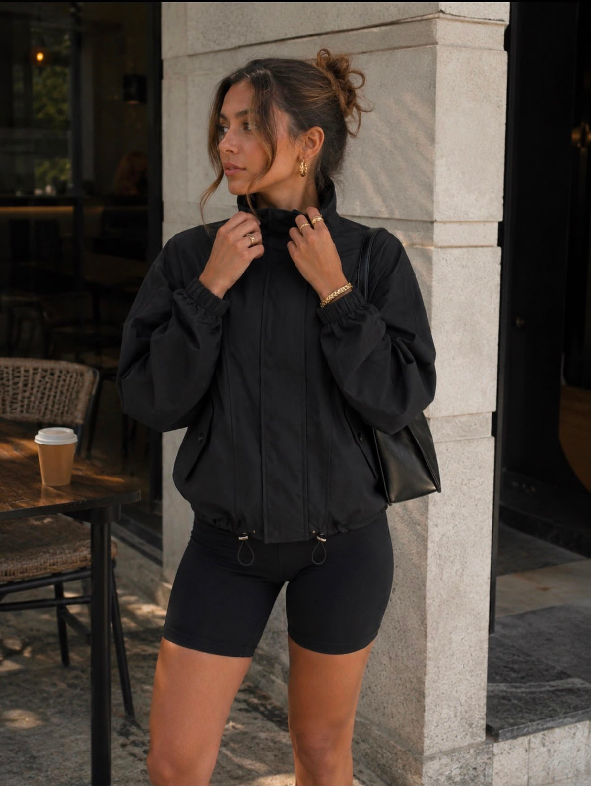 TCS 3133 - High Collar Drawstring Bomber Jacket