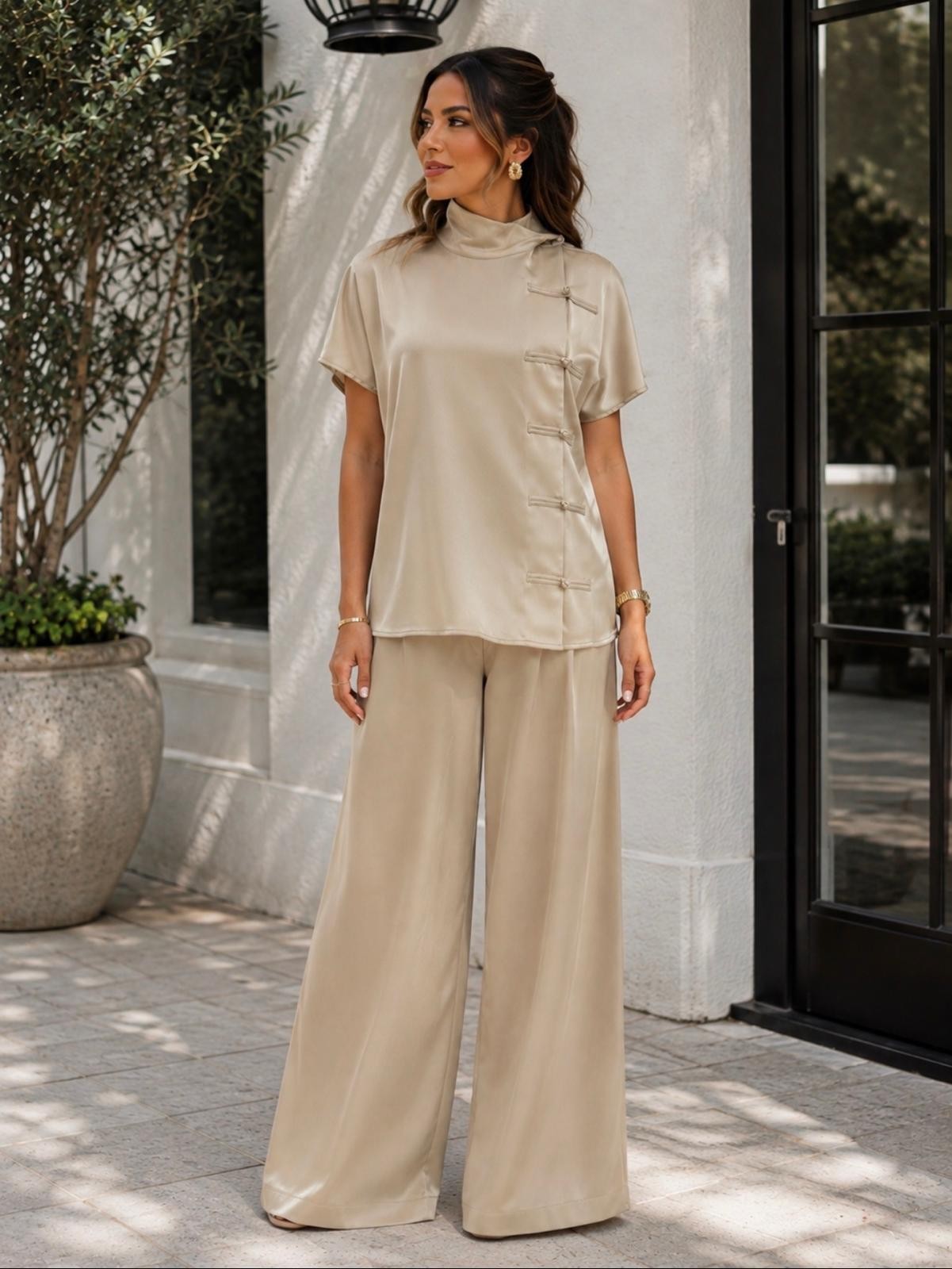 TM 485 - Satin Asymmetrical Top & Wide-Leg Pants Set
