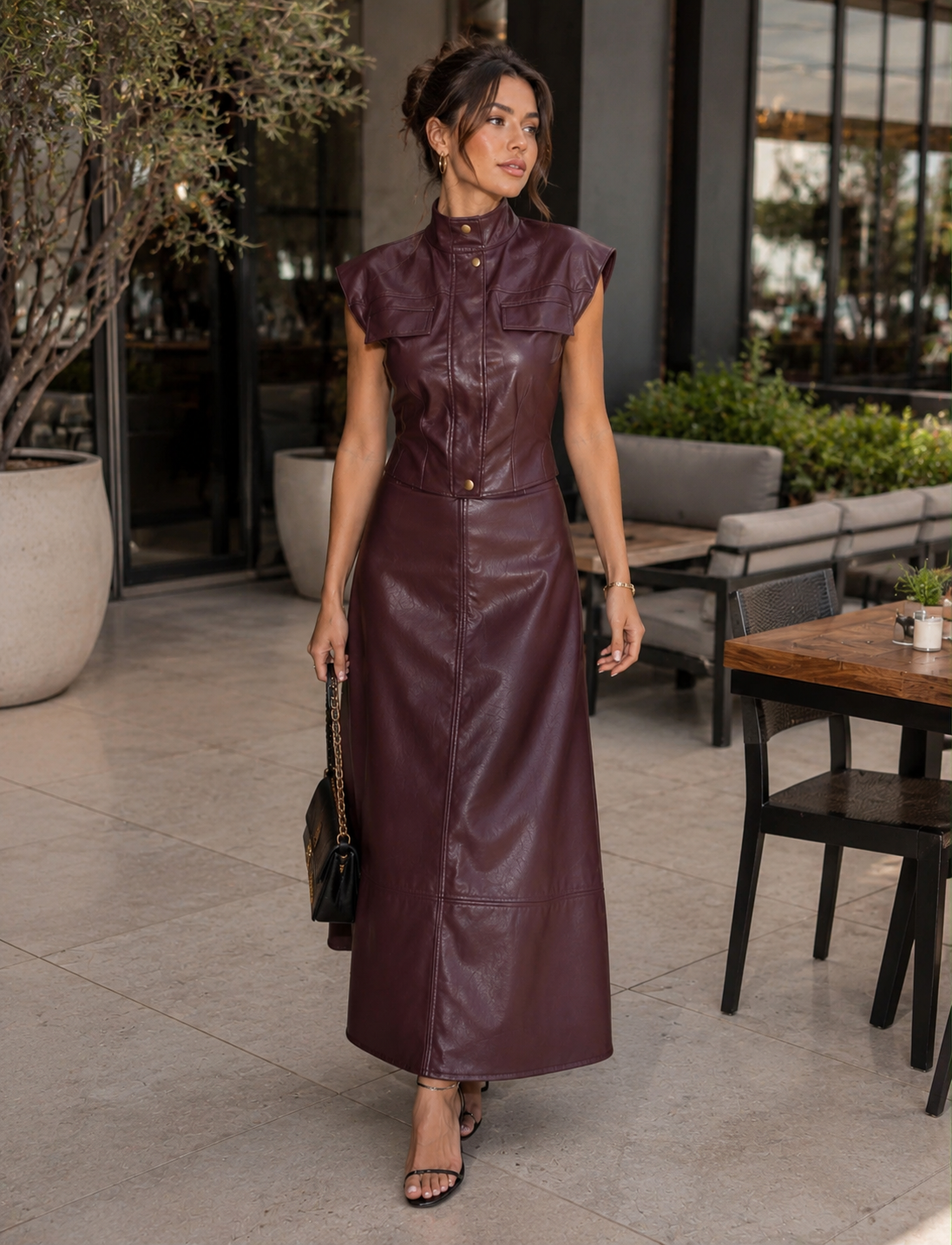 TCS 3110 - Faux Leather Utility Vest & Maxi Skirt Set