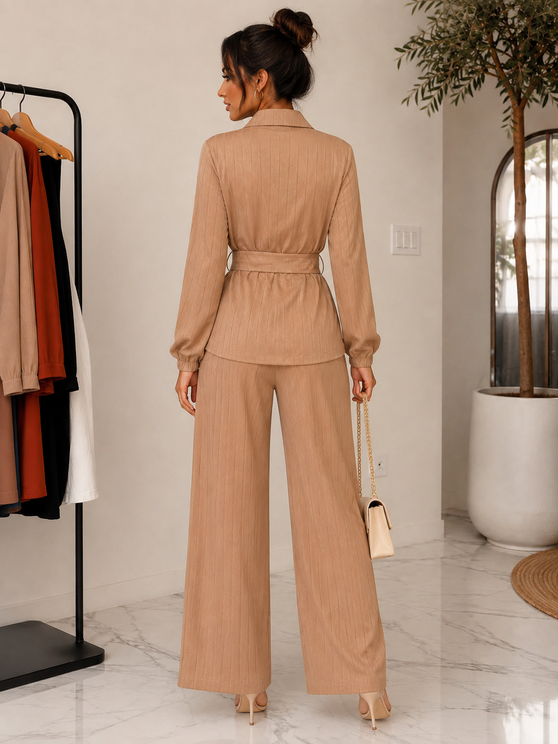 TM452 - Textured Belted Wide-Leg Pant Set