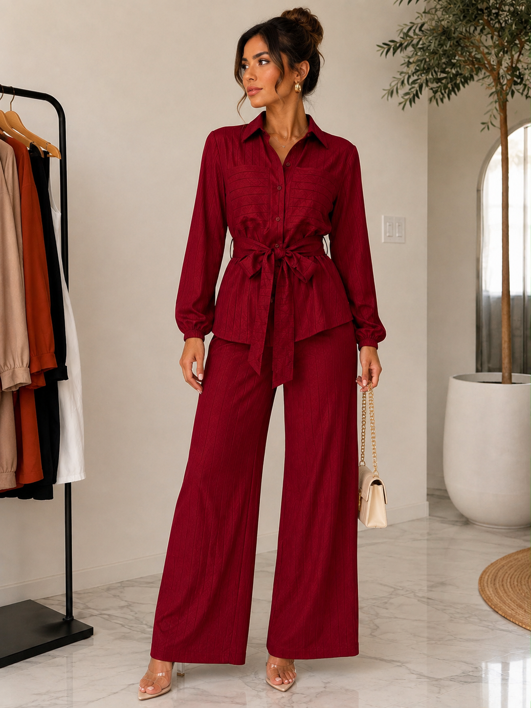 TM452 - Textured Belted Wide-Leg Pant Set