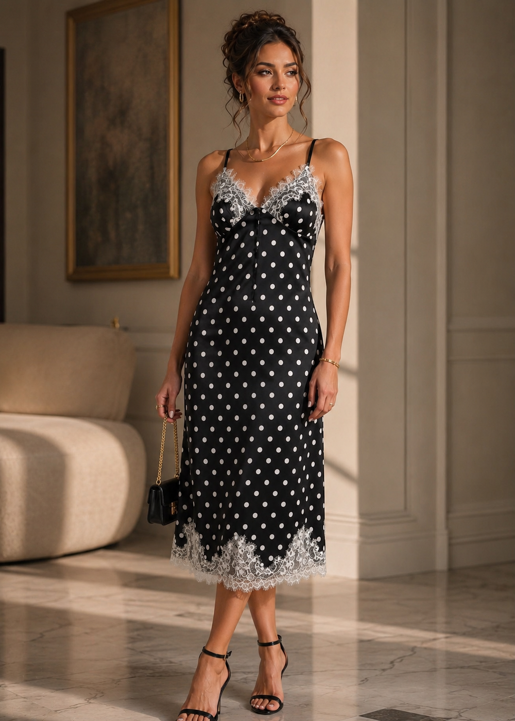 TM401 - Polka Dot Lace Trim Midi Dress