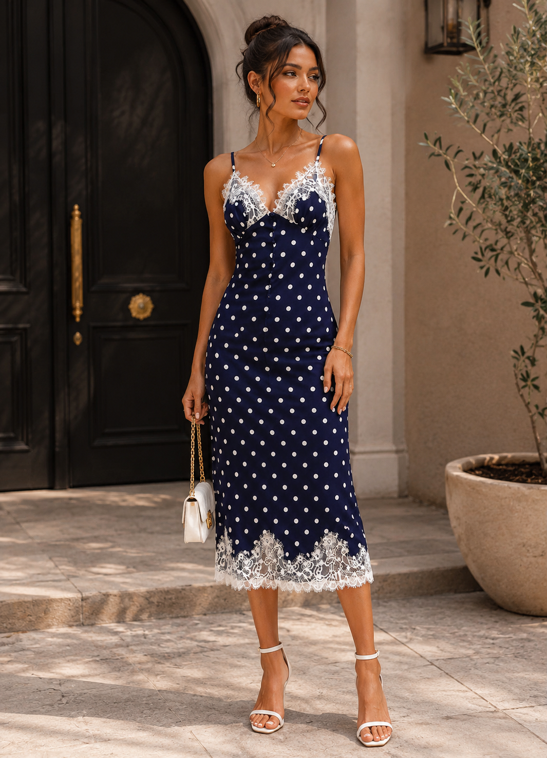 TM401 - Polka Dot Lace Trim Midi Dress