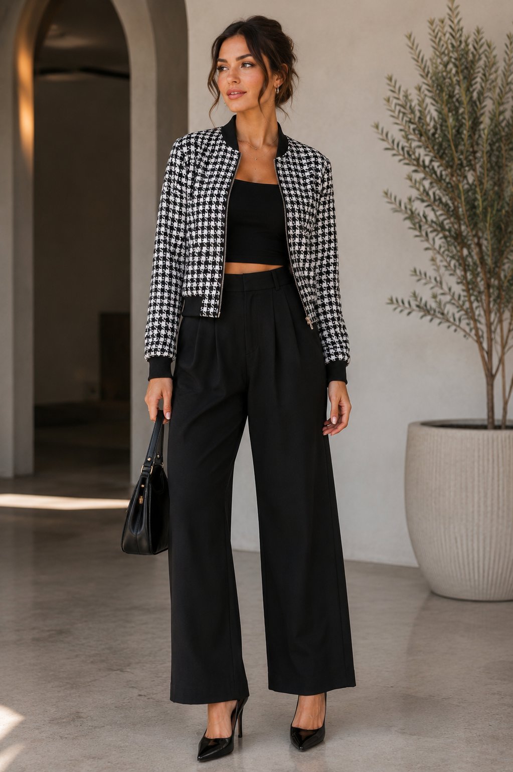 TCH9198A - Houndstooth Bomber Jacket