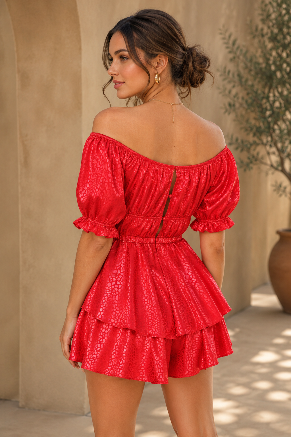 TCH6777A - Lace-Up Tiered Romper