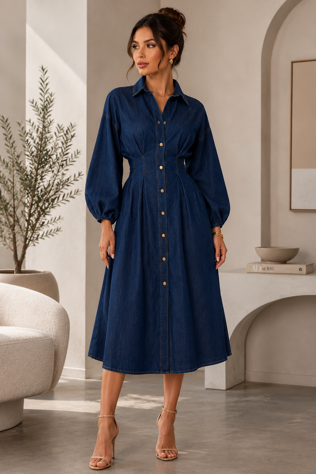 TCS3058 - Button-Front Denim Midi Dress