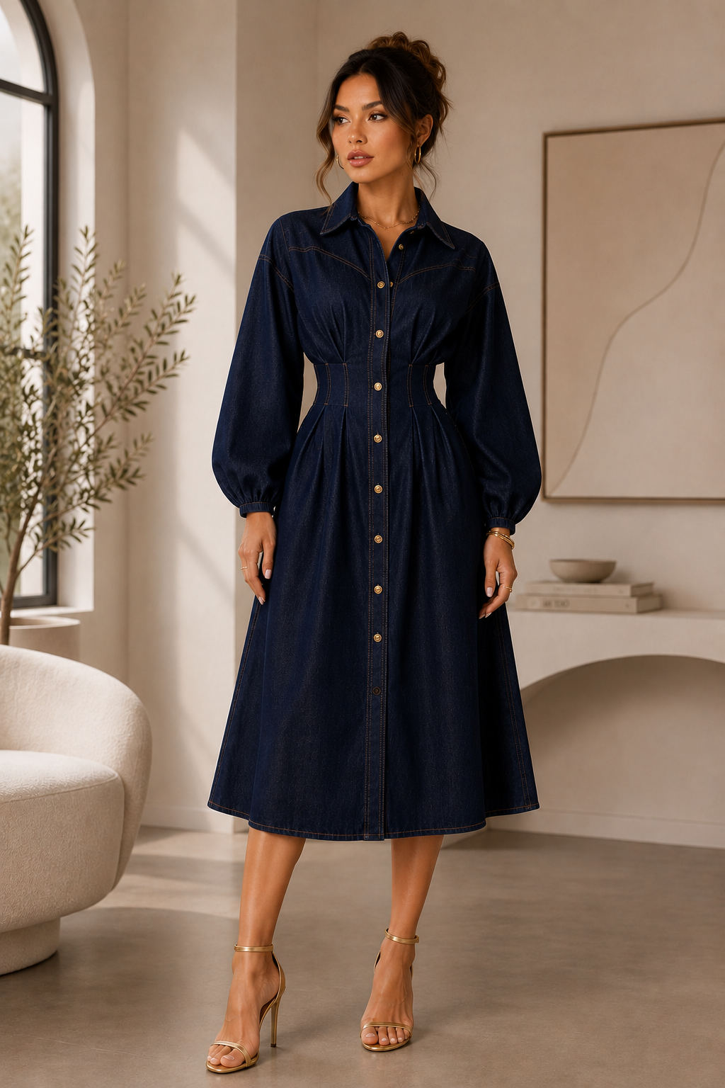 TCS3058 - Button-Front Denim Midi Dress