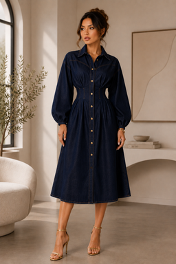 TCS3058 - Button-Front Denim Midi Dress