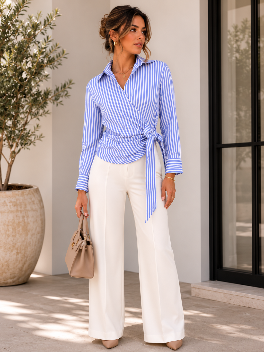 TM405 - Striped Wrap Tie Blouse
