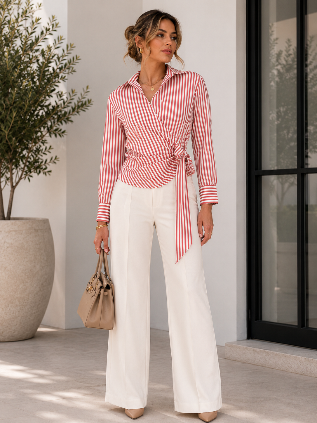 TM405 - Striped Wrap Tie Blouse