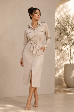 STC220 - Faux Suede Belted Midi Dress