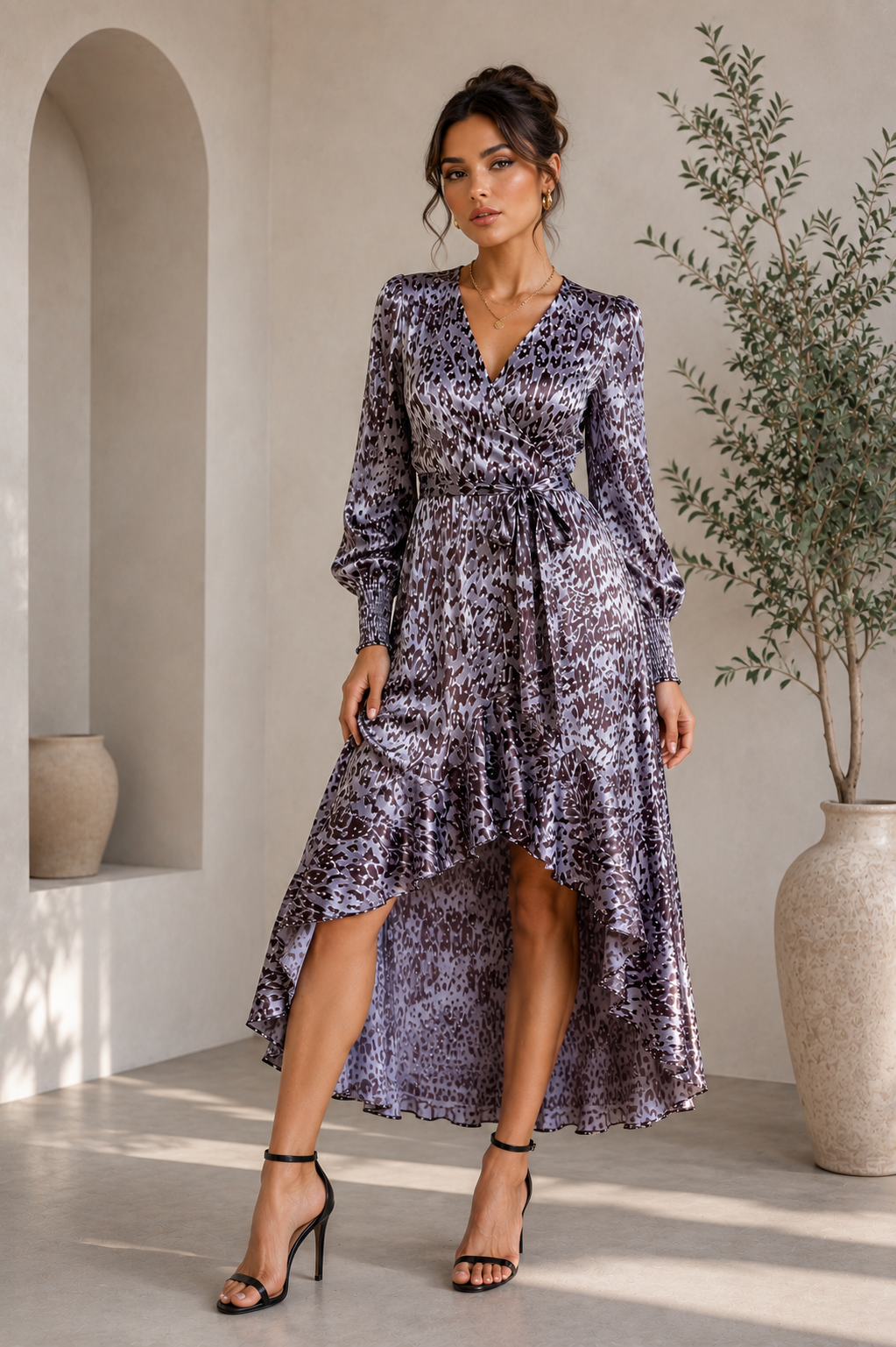 TCH6206C - Animal Print Wrap Midi Dress