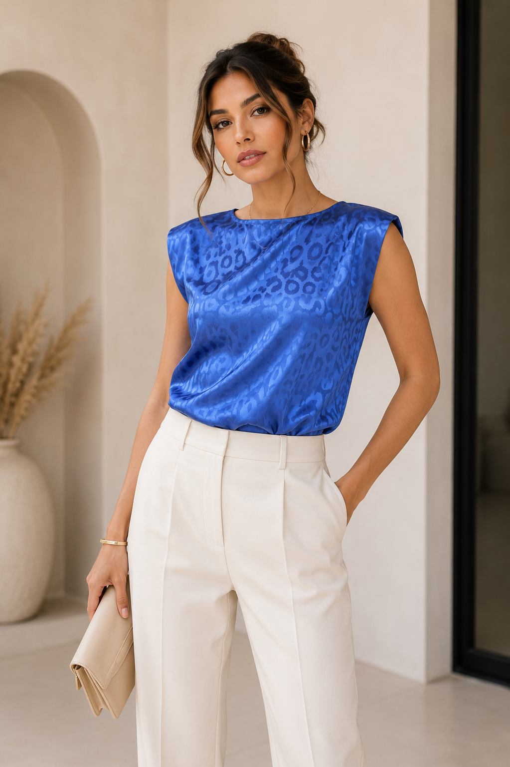 TCH9126 - Satin Leopard Jacquard Sleeveless Shoulder Pad Top