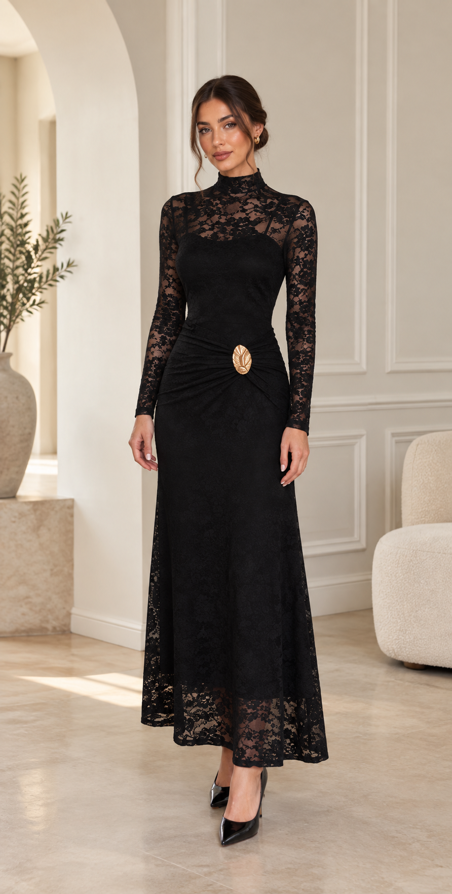 TM 461 - Elegant Ruched Lace Maxi Dress