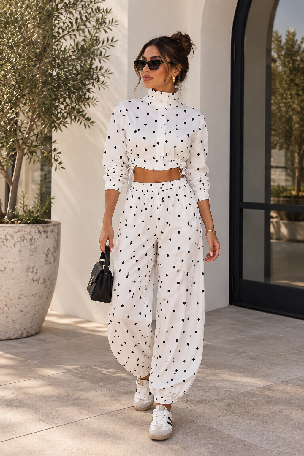 TM 448 - Polka Dot Cotton-Linen Barrel Pant Set