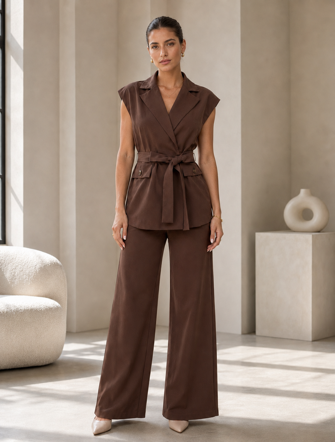 TCS 3150 - Belted Sleeveless Blazer & Wide-Leg Pants Set