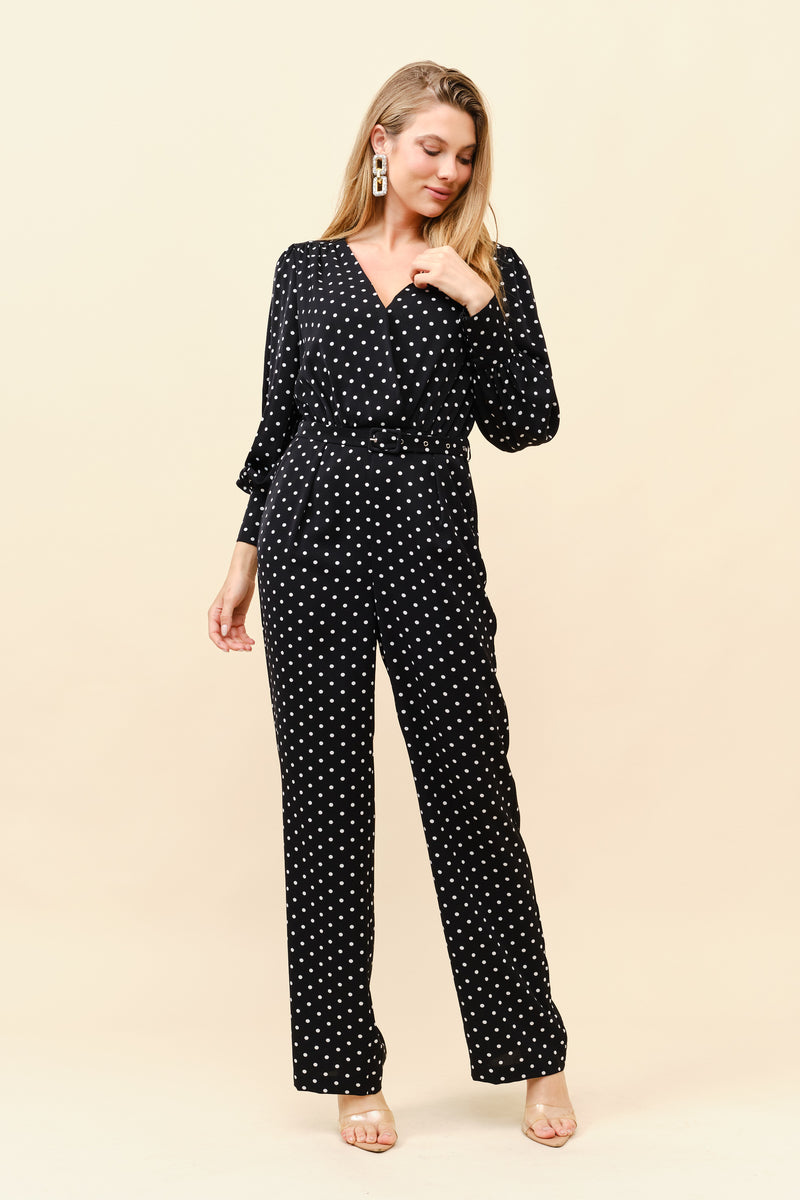 Long Sleeves Polkadot Belted Jumpsuit