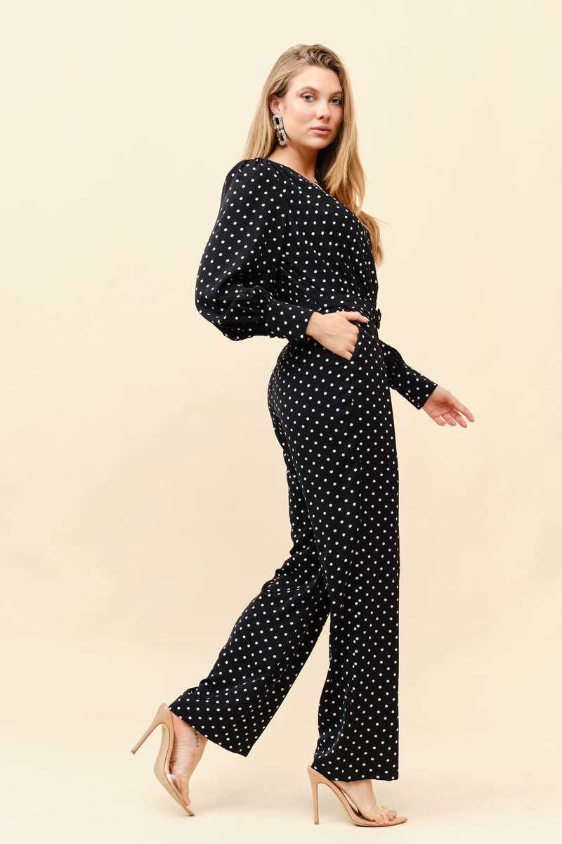 Long Sleeves Polkadot Belted Jumpsuit
