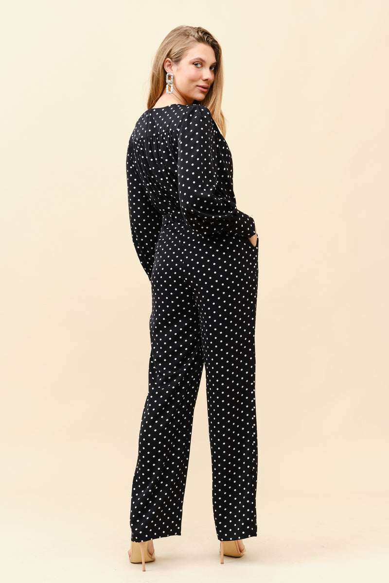 Long Sleeves Polkadot Belted Jumpsuit