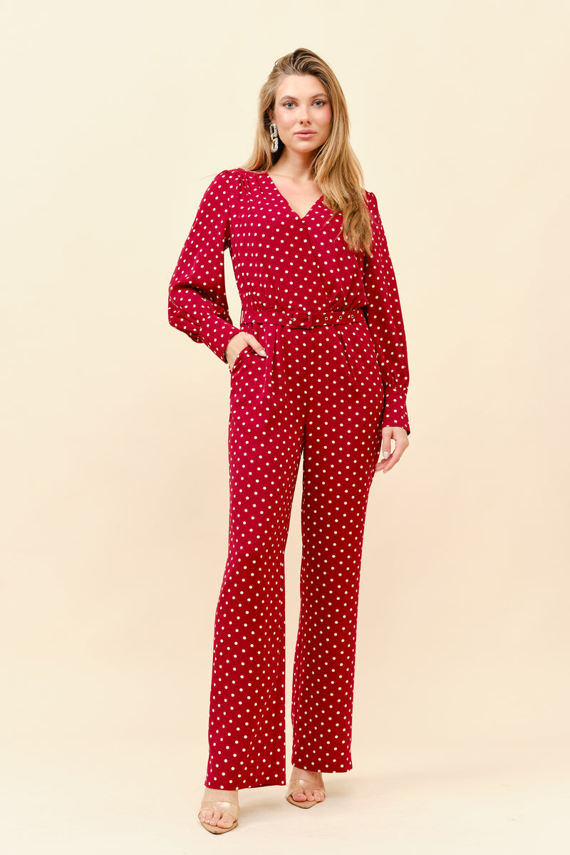 Long Sleeves Polkadot Belted Jumpsuit