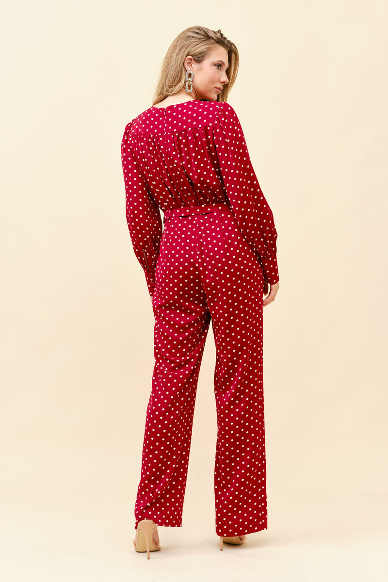 Long Sleeves Polkadot Belted Jumpsuit