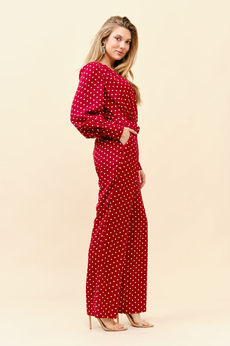 Long Sleeves Polkadot Belted Jumpsuit