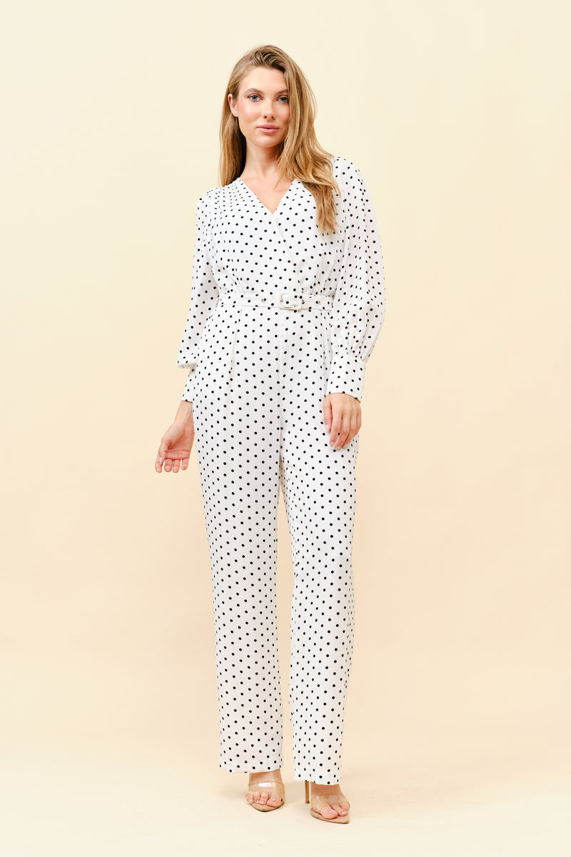 Long Sleeves Polkadot Belted Jumpsuit