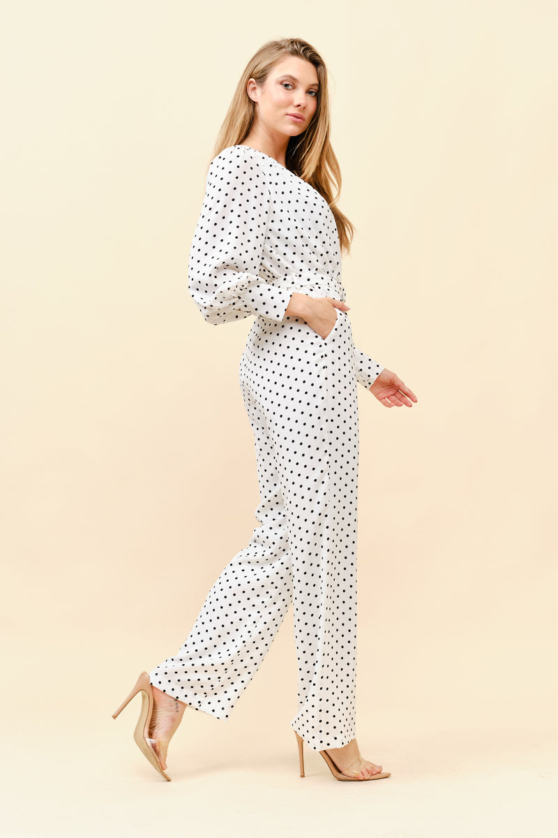 Long Sleeves Polkadot Belted Jumpsuit