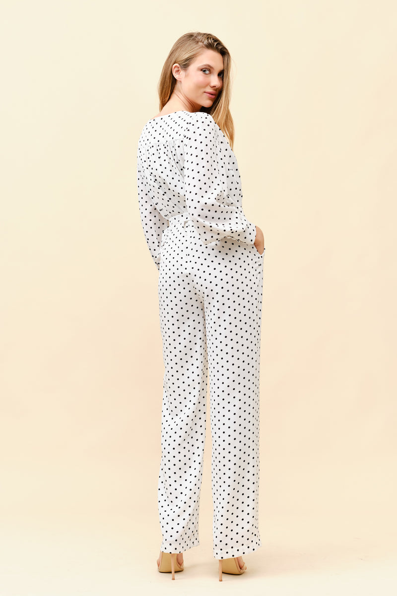Long Sleeves Polkadot Belted Jumpsuit