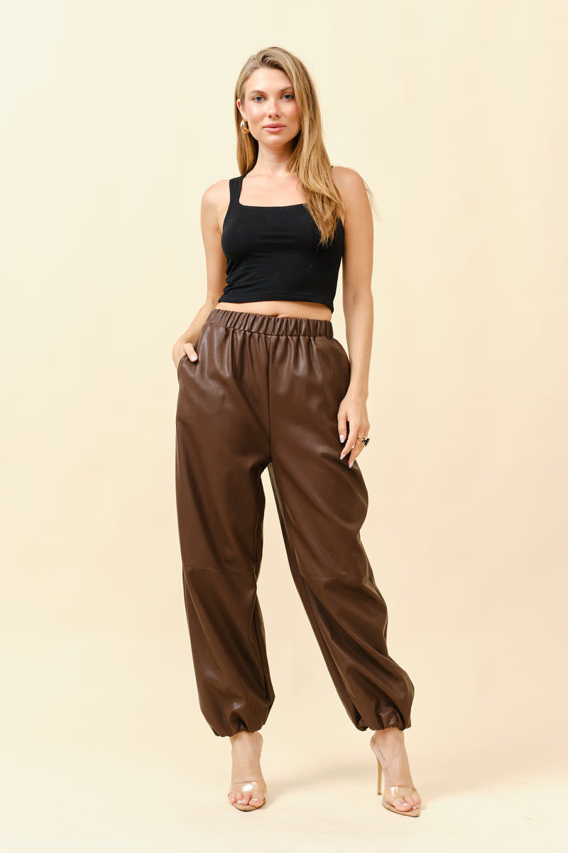 Elastic Faux Leather Pants