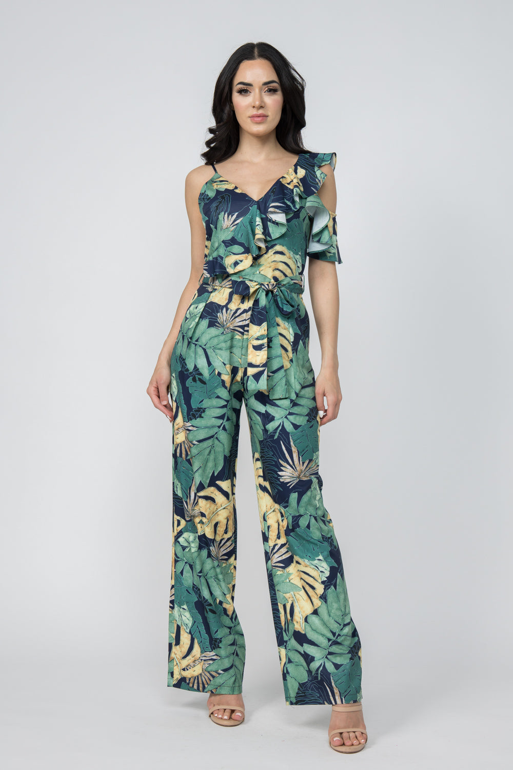 TCH8193- Cold Shoulder Tropical Print Jumpsuit/ Pre-packed: S(2) – M(2) – L(2) – 6pcs