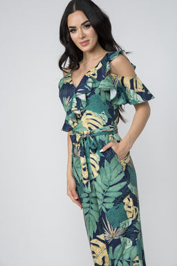 TCH8193- Cold Shoulder Tropical Print Jumpsuit/ Pre-packed: S(2) – M(2) – L(2) – 6pcs