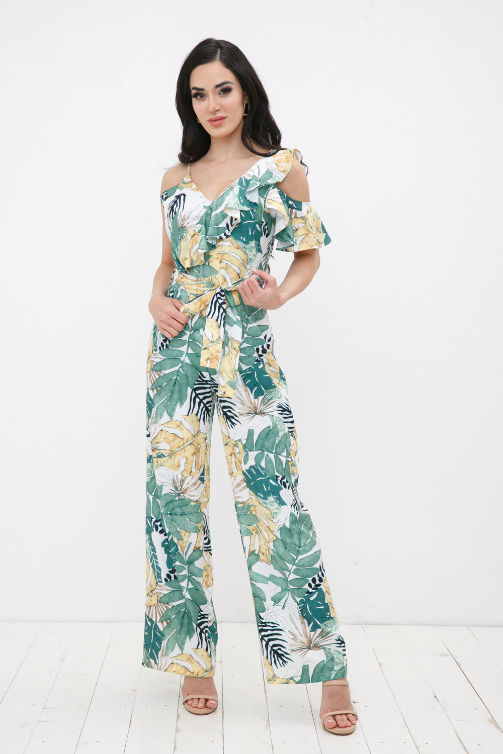 TCH8193- Cold Shoulder Tropical Print Jumpsuit/ Pre-packed: S(2) – M(2) – L(2) – 6pcs