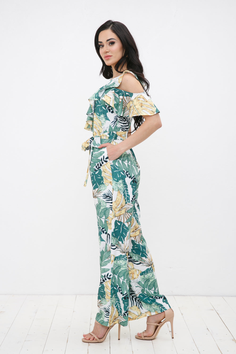 TCH8193- Cold Shoulder Tropical Print Jumpsuit/ Pre-packed: S(2) – M(2) – L(2) – 6pcs