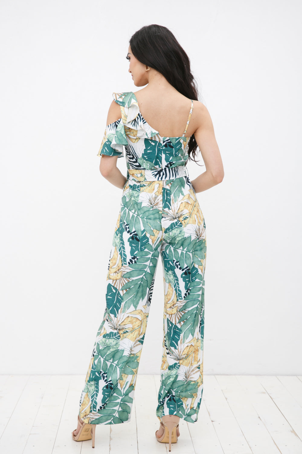 TCH8193- Cold Shoulder Tropical Print Jumpsuit/ Pre-packed: S(2) – M(2) – L(2) – 6pcs