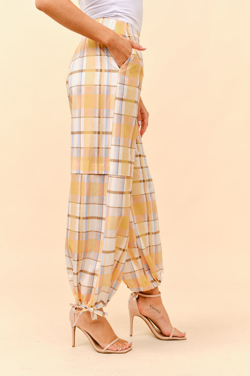 Plaid Cargo Pants with Ankle-Tie