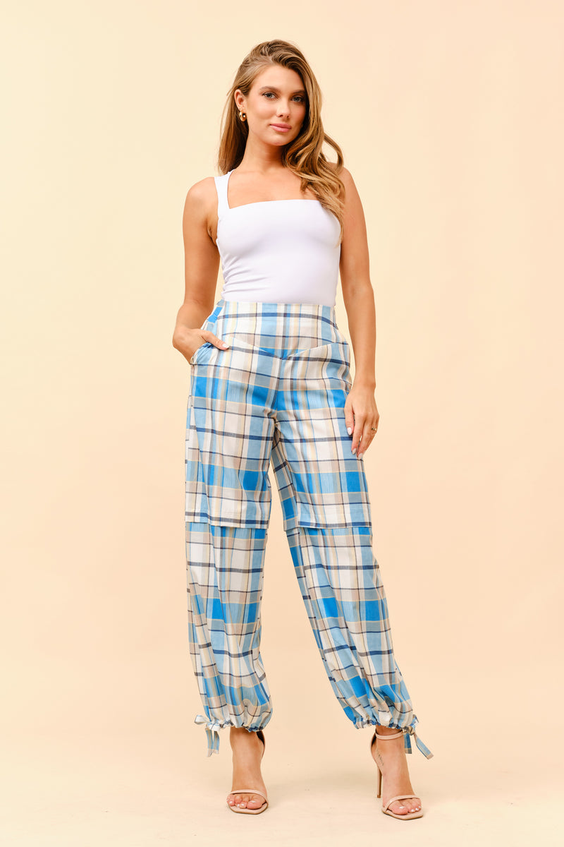 Plaid Cargo Pants with Ankle-Tie