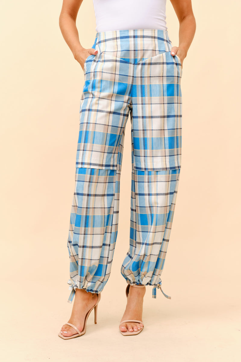 Plaid Cargo Pants with Ankle-Tie