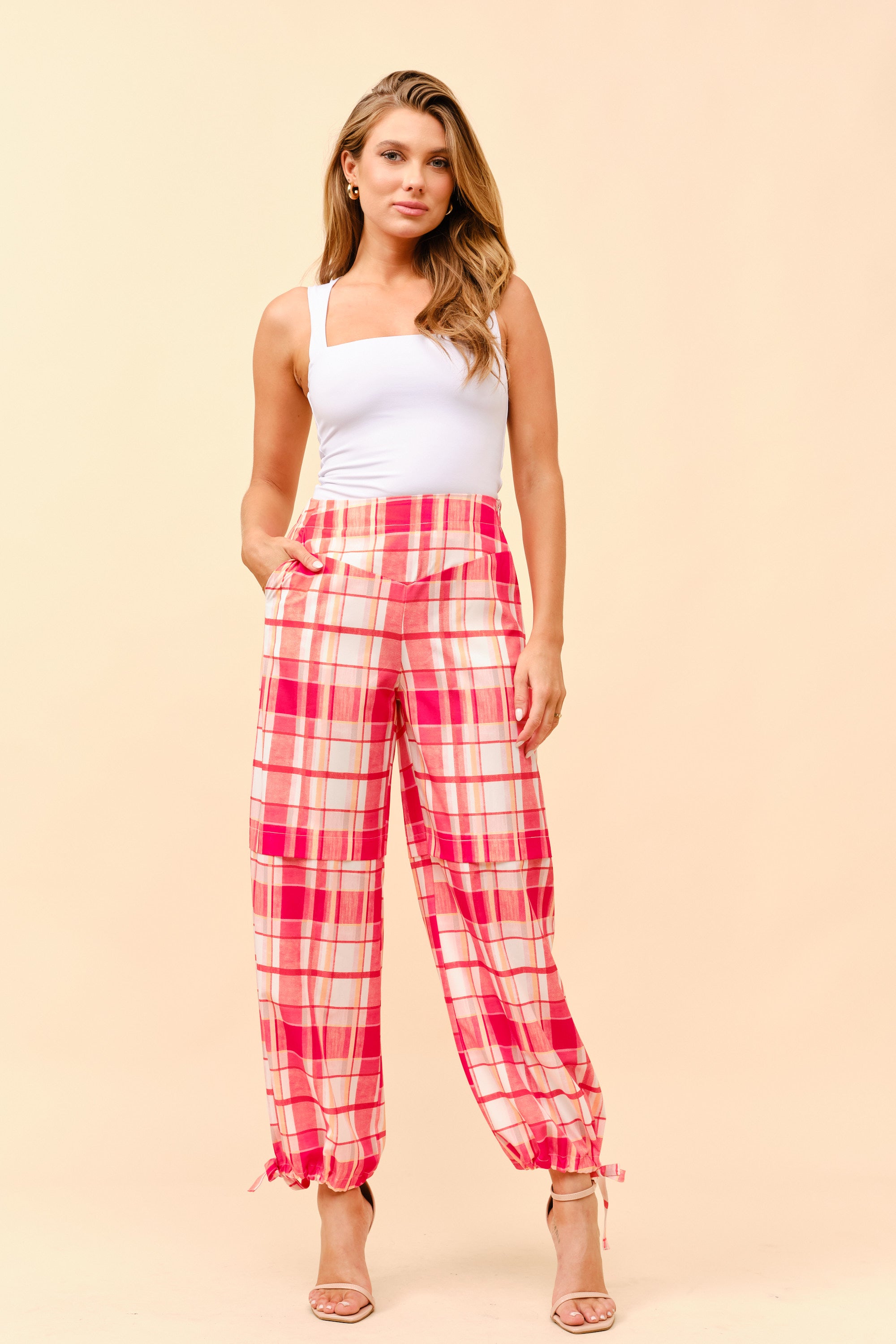TCH0087- Plaid Cargo Pants with Ankle-Tie/ Pre-packed: S(2) – M(2) – L(2) – 6pcs