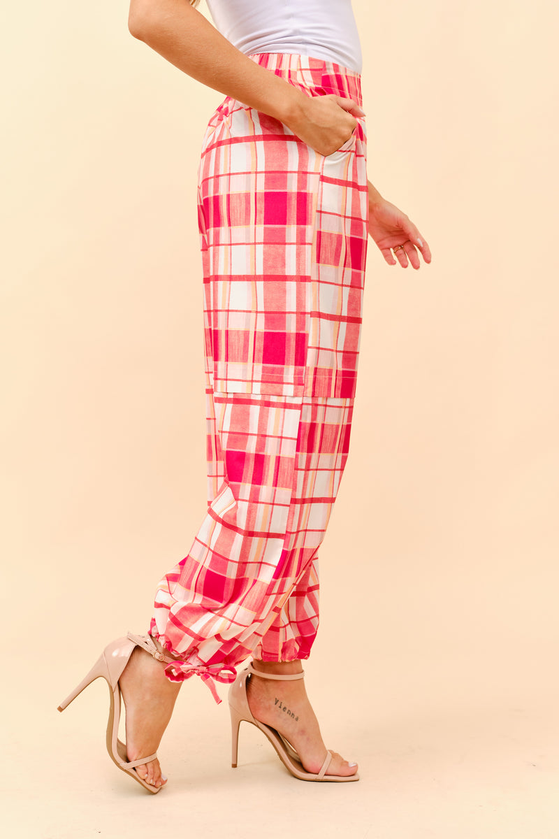Plaid Cargo Pants with Ankle-Tie